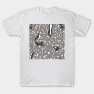 Skunks and Pink Flowers on Grey T-Shirt